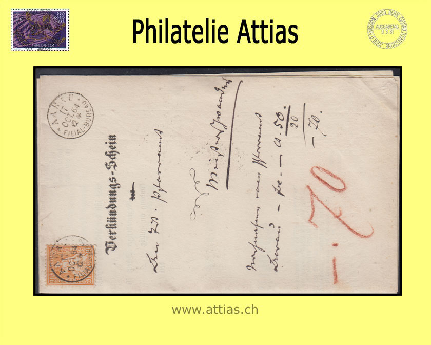 CH 1862 Sitzende Helvetia gezähnt weisses Papier 32 (24) 20 Rp. Faltbrief von Aarau nach Meisterschwanden