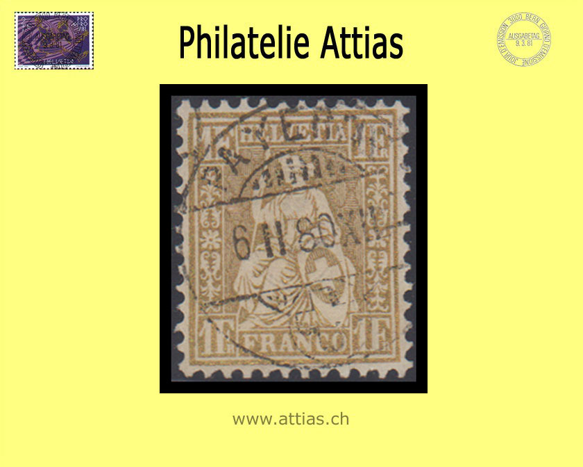 CH 1862 Sitzende Helvetia gezähnt weisses Papier 36c (28c) 1 Fr. Vollstempel Payerne VD