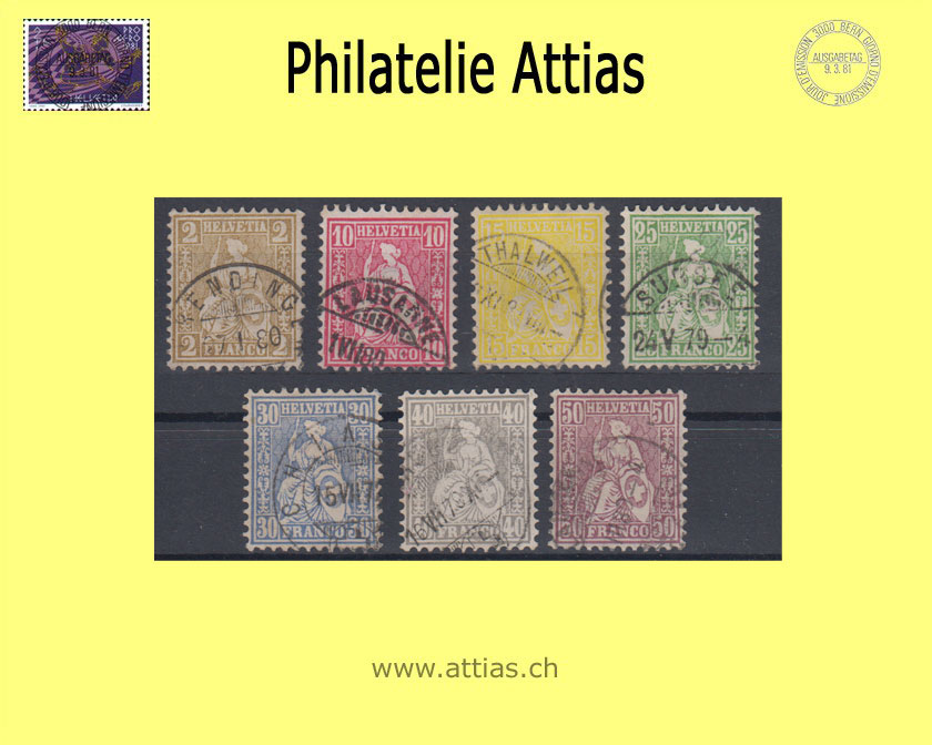CH 1867-78 Sitzende Helvetia gezähnt weisses Papier 37-43 (29-35) Satz gestempelt