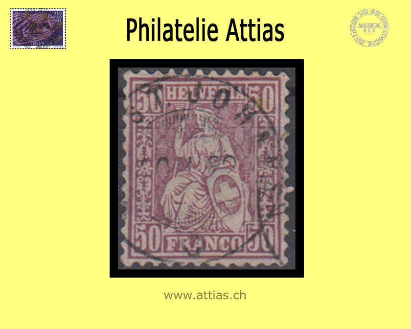 CH 1881 Helvetia assise perforated fiber paper 51b (43) 50 Rp. cancelled Neu St. Johann SG