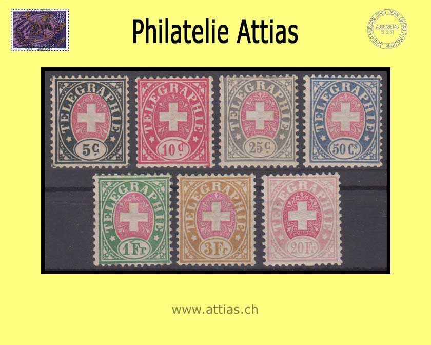 CH 1881 Telegraph 13-19, Schweizer Wappen im Schriftband, Wappen rosa, Faserpapier, Satz  Postfrisch