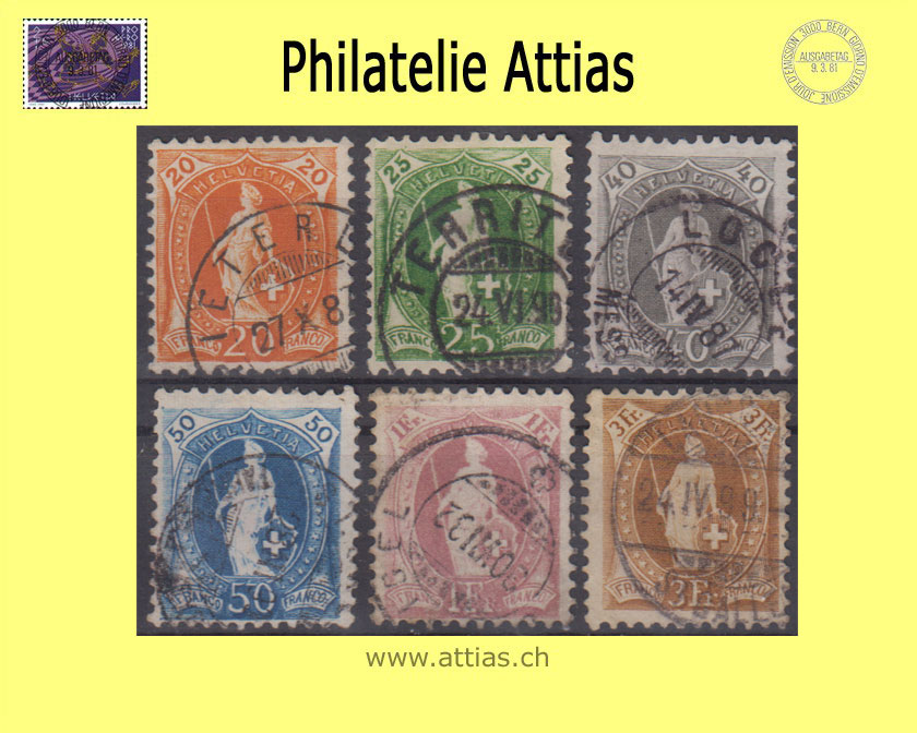 CH 1882-93 Stehende Helvetia 66A/72A (58XA/64XA) 6 Werte gestempelt