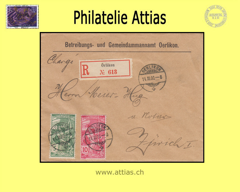 CH 1900 77B+78B UPU Einschreibe-Brief gestempelt Oerlikon ZH