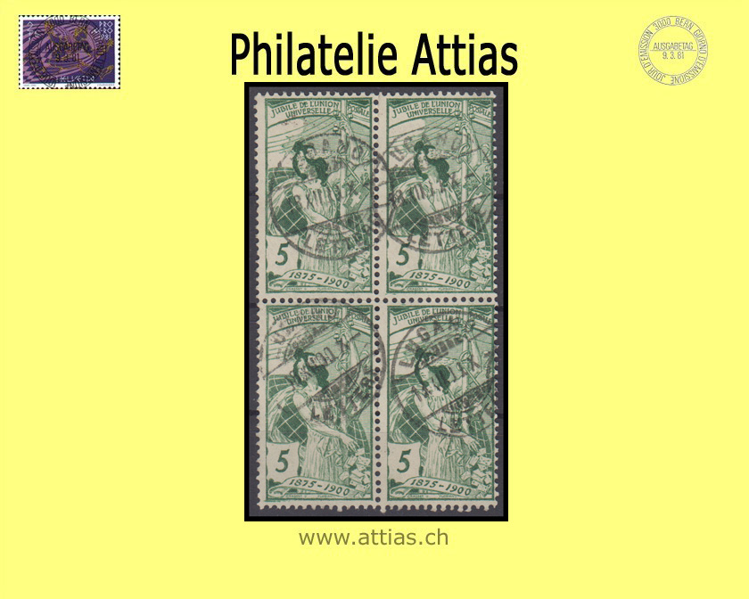 CH 1900 77C UPU 5 Rp. grün Viererblock gestempelt Lugano