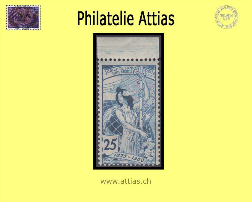 CH 1900 79C UPU 25 Rp. tiefblau, 3. Platte  Postfrisch mit herstellungsbedingten Gummibügen