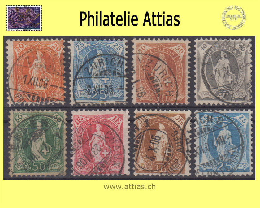 CH 1905-07 Stehende Helvetia 86A-93A (74C-81C) 8 Werte gestempelt