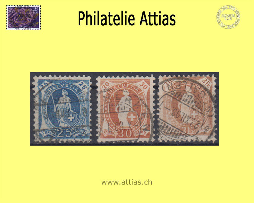 CH 1907-08 Stehende Helvetia 95B/100B (89C/94C) 3 Werte gestempelt