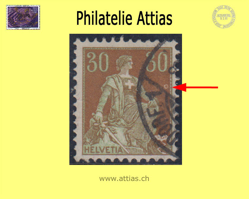 CH 1908 110.1.01 Helvetia mit Schwert glatt 30 Rp. - Fleck gestempelt