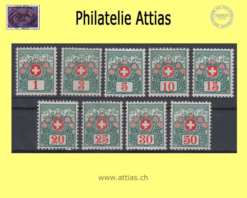 CH 1910 Postage due 29-37, Swiss coat of arms and alpine roses, Set MNH