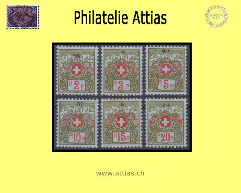 CH 1911-26 PFH 2A-7A Schweizer Wappen und Alpenrosen, blaugrün, kleine Kontroll-Nr, Satz Postfrisch