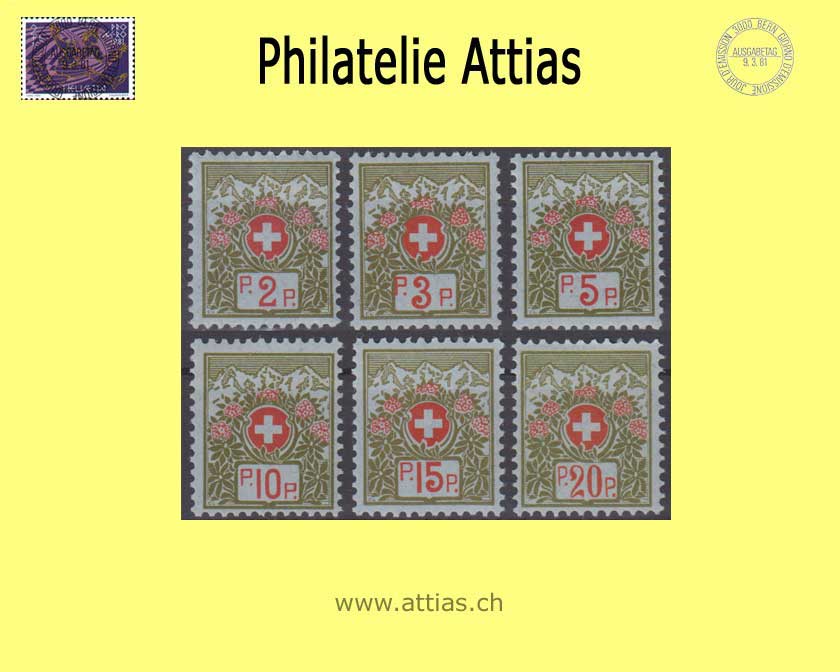 CH 1911-26 Franchise stamps 2B-7B, Swiss coat of arms and alpine roses, bluish green, no control number, set MNH