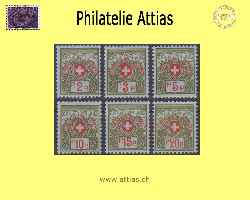 CH 1911-26 PFH 2B-7B Schweizer Wappen und Alpenrosen, blaugrün, ohne Kontroll-Nr, Satz Postfrisch