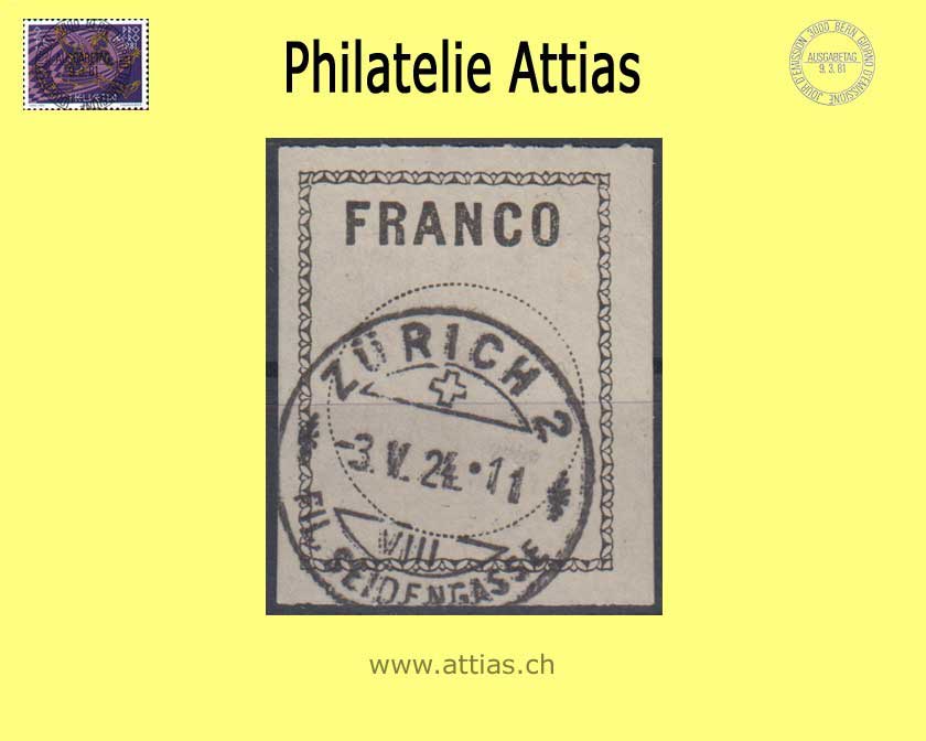 CH 1911 Franco Label 1, Block letters, border with decorative strip, cancelled Zürich