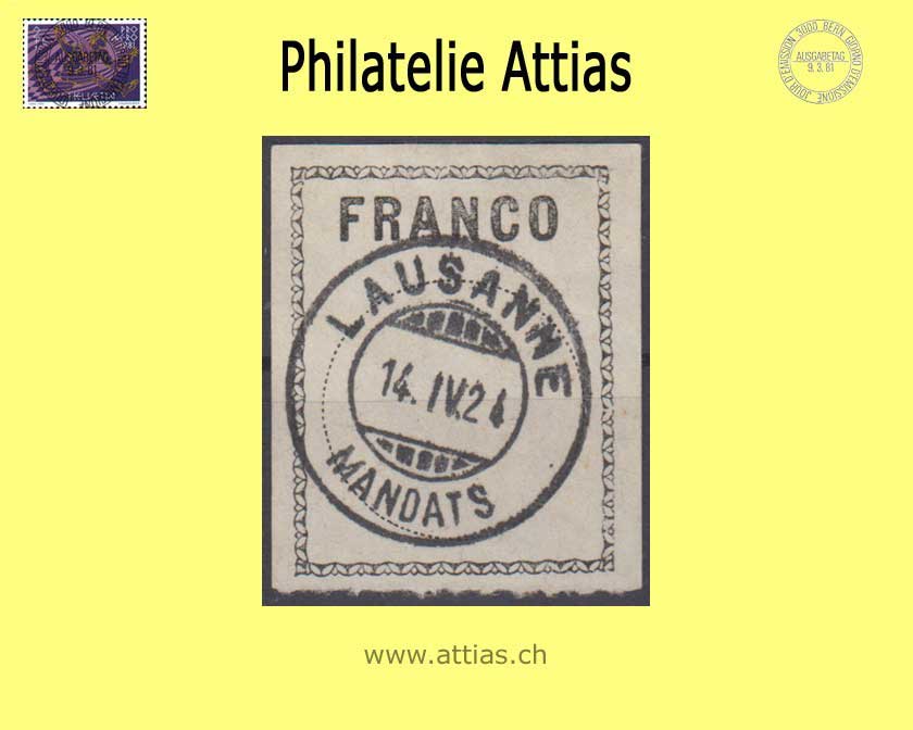 CH 1911 Franco Label 1, Block letters, border with decorative strip, cancelled Lausanne