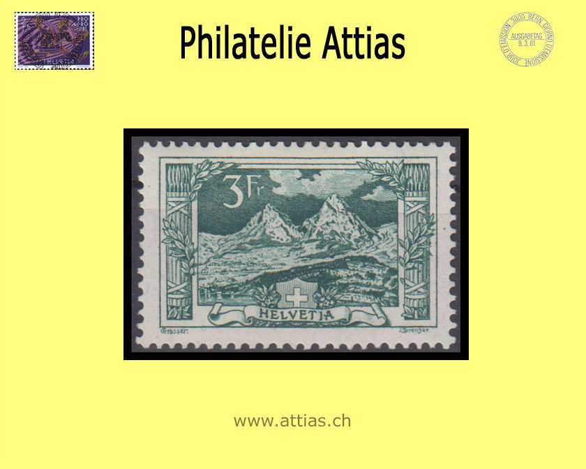 CH 1914 129 (121) Mythen blaugrün 3 Fr Postfrisch mit Attest, signiert