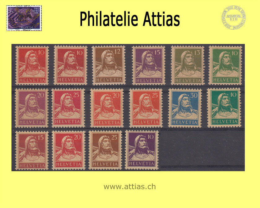 CH 1914-30 Tellbrustbild glattes Papier 16 Werte komplett Postfrisch