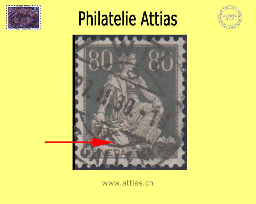 CH 1916 141.2.03 Helvetia mit Schwert glatt 80 Rp. - Schwertklinge gestempelt Wil (1)