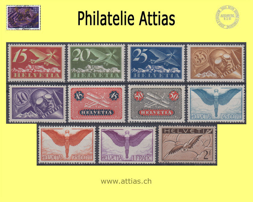 CH 1923-30 F3-F13 Pro Aero verschiedene sinnbildliche Darstellungen Papier glatt  Postfrisch