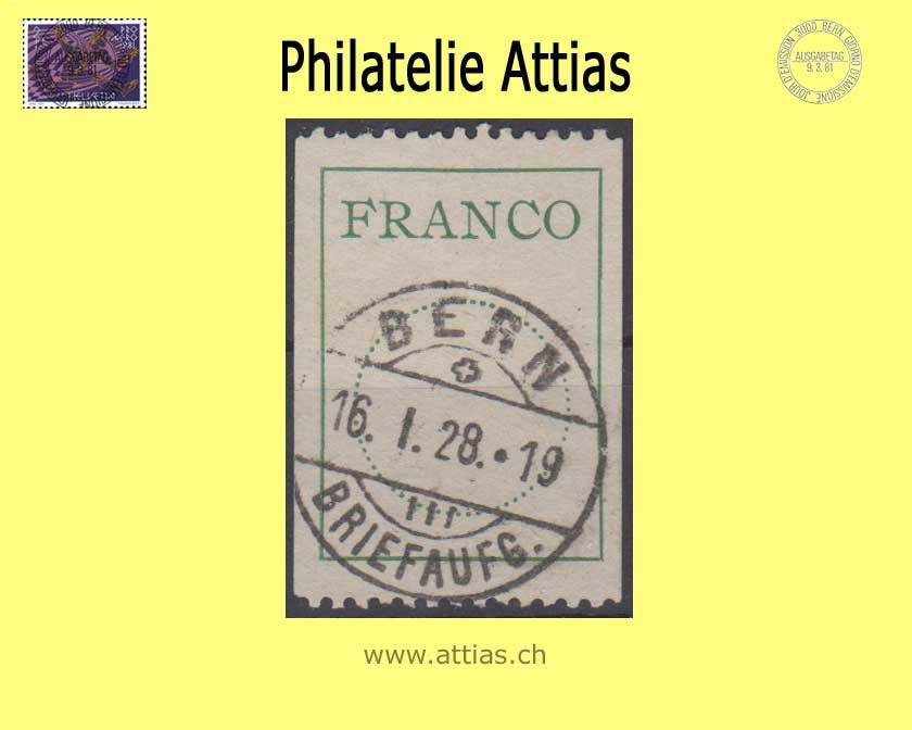 CH 1925 Franco Label 2, Antiqua typeface, simple line version, 16.8mm, single value cancelled Bern