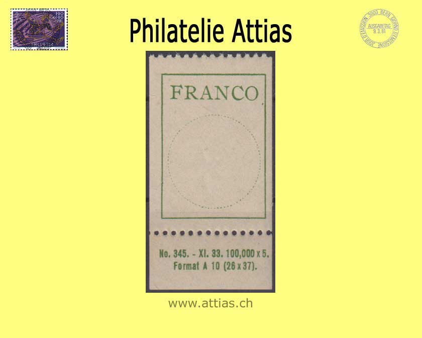 CH 1927 Franco Label 3.1.09, Antiqua typeface, simple line version, 19.8mm, with appendage, single value MNH
