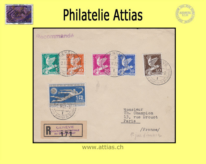 CH 1932 185-190 Abrüstungskonferenz Genf Satz FDC mit Adresse (R-Brief)