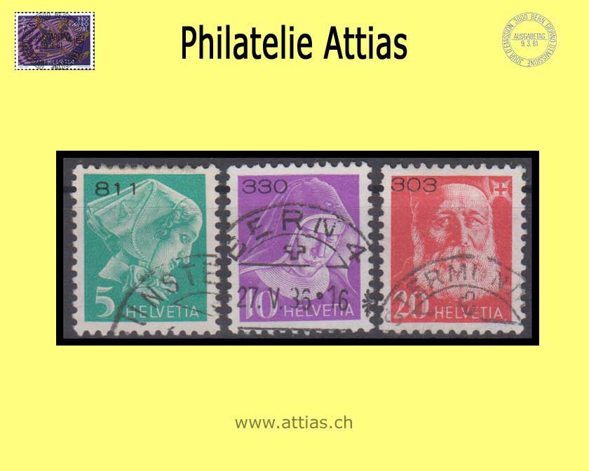 CH 1935 PFH 14Az-16Az Krankenpflegerinnen und Bildnis Henry Dunants, geriffelt, mit Kontroll-Nr, Satz gestempelt