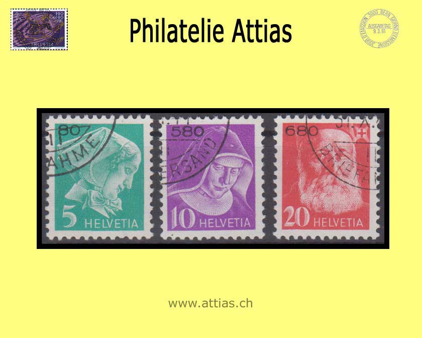 CH 1935 PFH 14Cz-16Cz Krankenpflegerinnen und Bildnis Henry Dunants, geriffelt, mit Kontroll-Nr 80/580/680 Satz gest