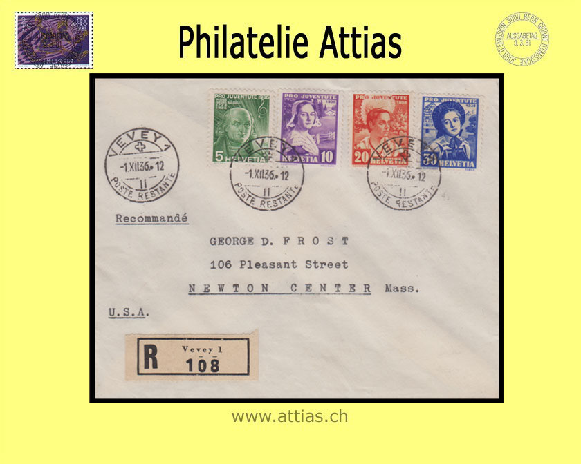 CH 1936 J77-J80 Pro Juventute Satz FDC mit Adresse