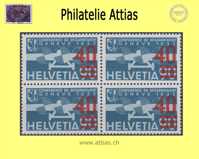 CH 1936 F24a Pro Aero Aufbrauchsausgabe 40/90 Aufdruck hellrot  Viererblock Postfrisch