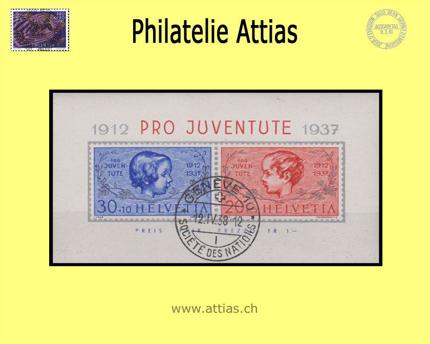 CH 1937 J83I/J84I (Bl.03) Bloc 25 Years Pro Juventute cancelled