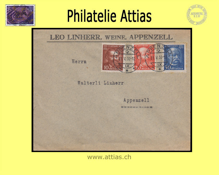 CH 1932 191-193 50 Jahre Gotthardbahn Satz FDC mit Adresse