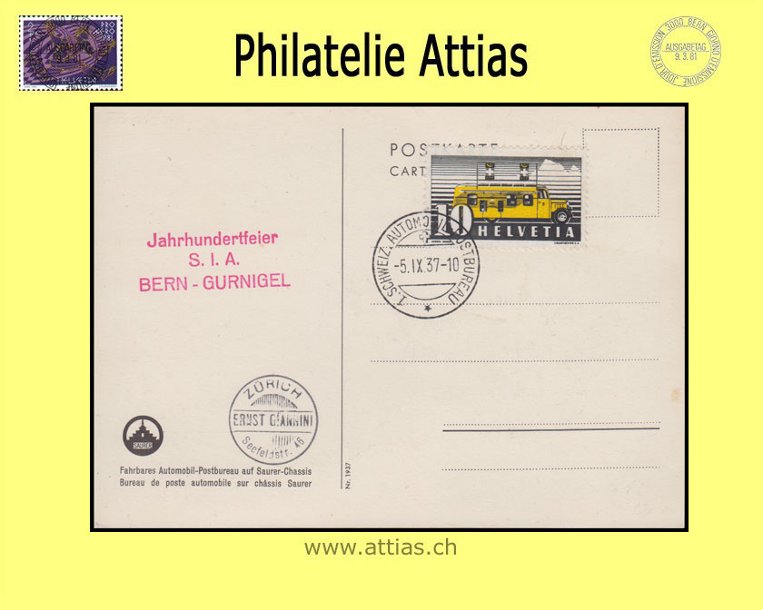 CH 1937 210x Automobilpostbüro I FDC auf passender Ansichtskarte