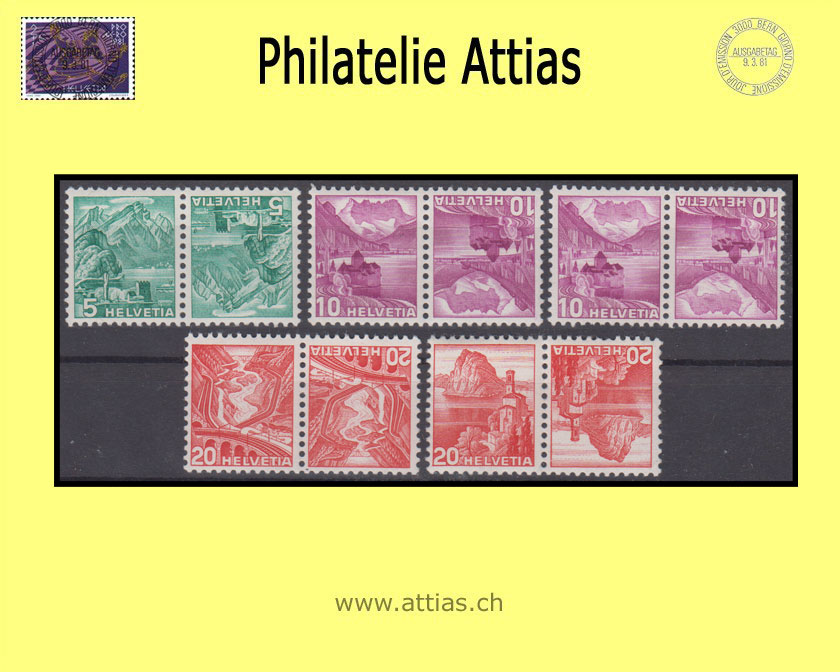 CH 1938-42 K32z-K35z Landschaftsbilder (geriffeltes Papier), 5 Kehrdrucke Postfrisch