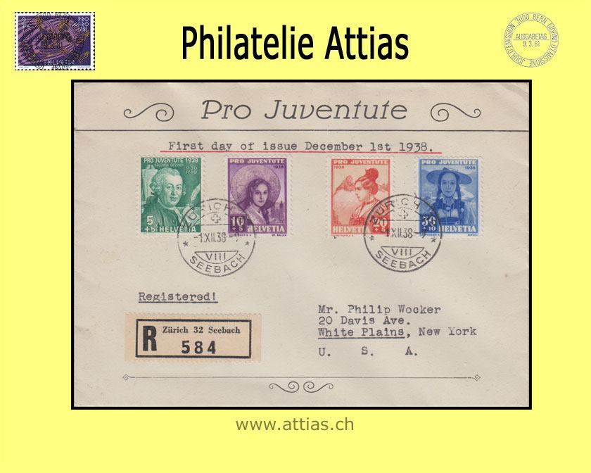 CH 1938 FDC Pro Juventute mit Adresse (R-Brief)