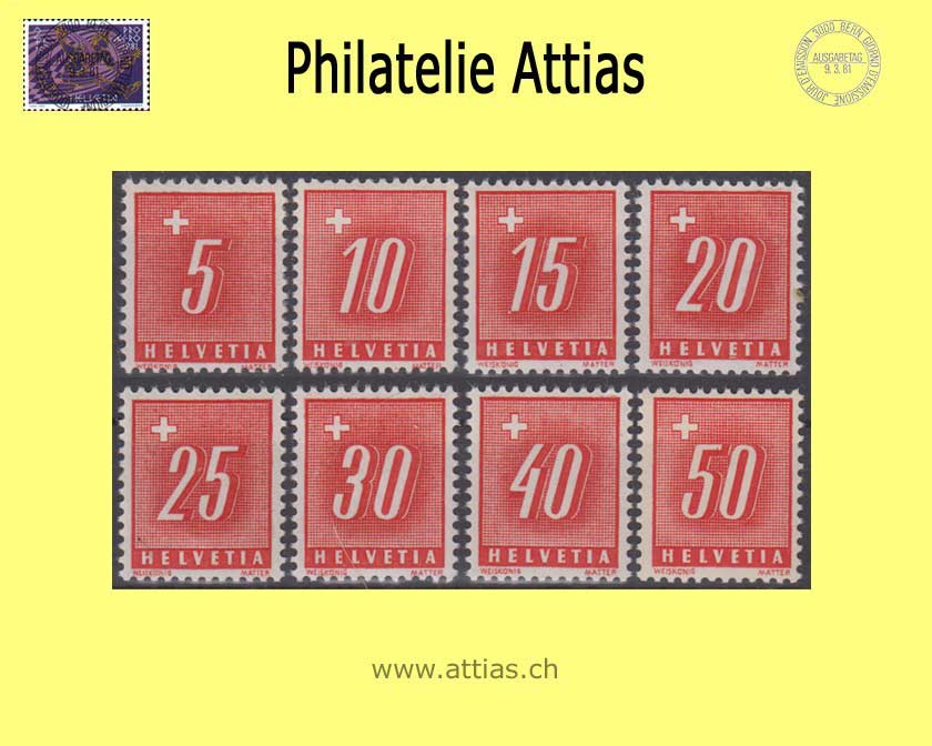 CH 1938 Postage due 54-61y, digit and cross, smooth paper, set MNH