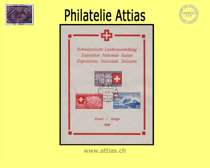 CH 1939 222-224 Landesaustellung Zürich I französisch FDC auf Blatt