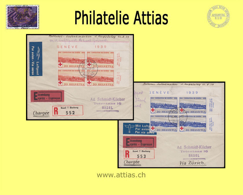 CH 1939 FDC 75 Jahre Rotes Kreuz mit Adresse, Viererblock