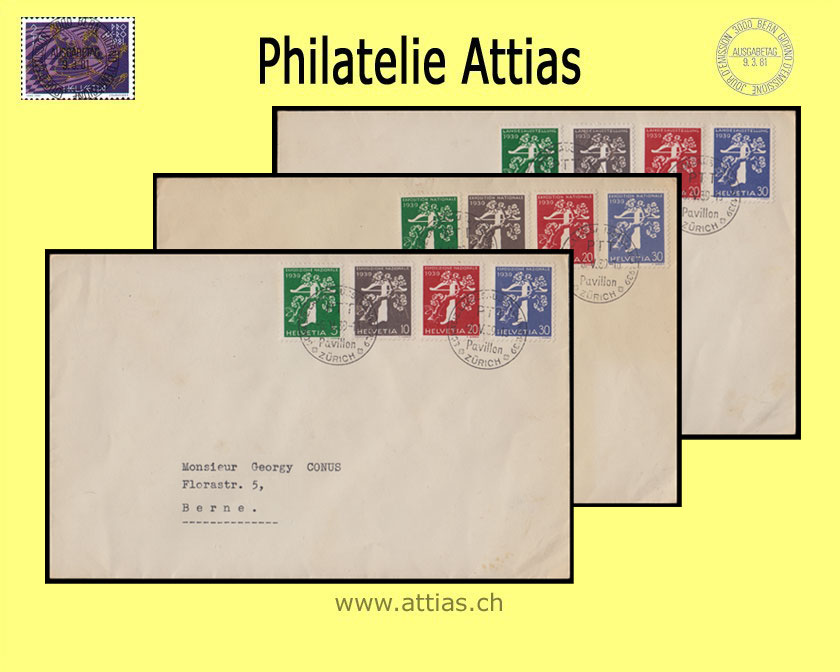 CH 1939 228-239 Landesaustellung Zürich II - 3 FDC mit Adresse