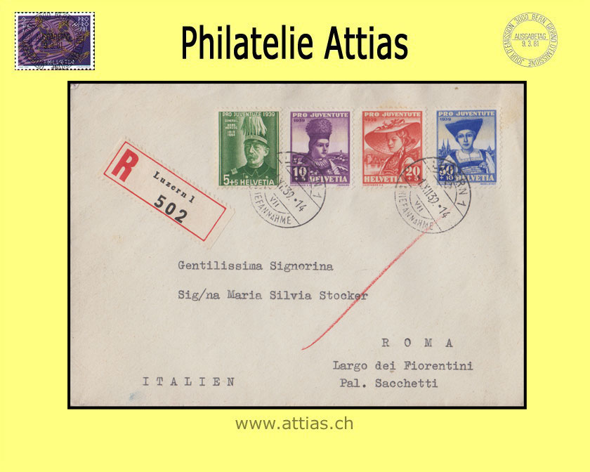 CH 1939 J89-J92 Pro Juventute FDC mit Adresse (R-Brief)