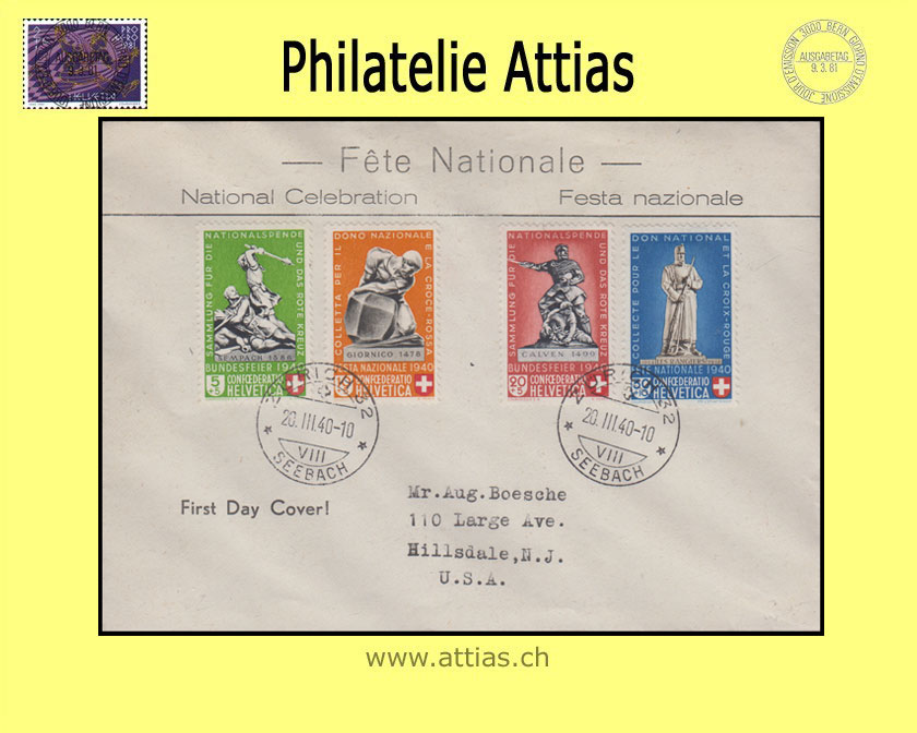 CH 1938 FDC Pro Patria with address