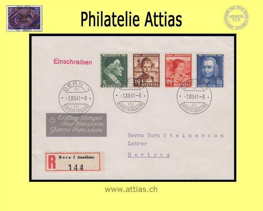 CH 1941 J97-J100 Pro Juventute Abo-FDC mit Adresse