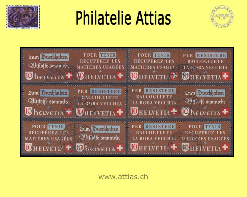 CH 1942  Z33a-Z33f Altstoffverwertung zusammenhängende Werte 6 waagrechte Paare gestempelt