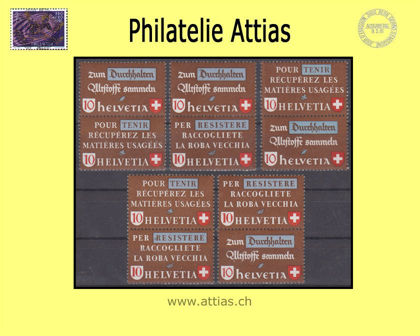 CH 1942  Z34a-Z34e Altstoffverwertung zusammenhängende Werte 5 senkrechte Paare  Postfrisch