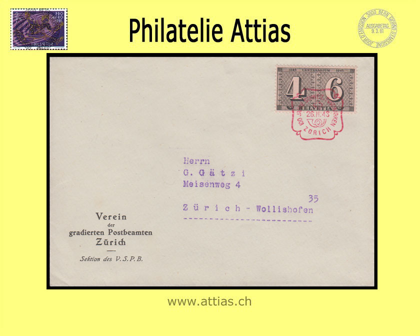 CH 1943 FDC 100 Jahre schweiz. Postmarken ill. mit Adresse