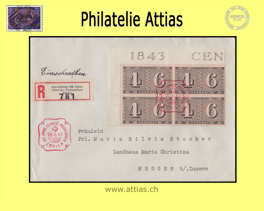 CH 1943 FDC 100 Jahre schweiz. Postmarken mit Viererblock (R-Brief)