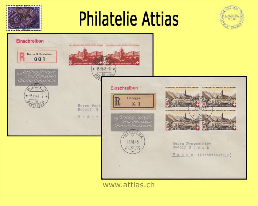 CH 1943 FDC Pro Patria mit Adresse (2 Einschreibe-Briefe)