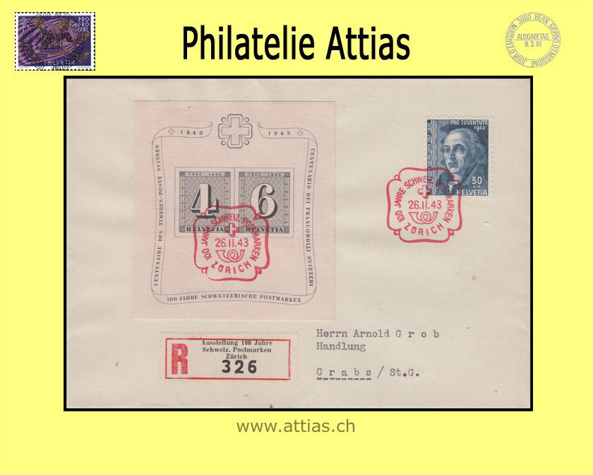 CH 1943 W14 Block Zürich 4+6 FDC mit Adresse (R-Brief)