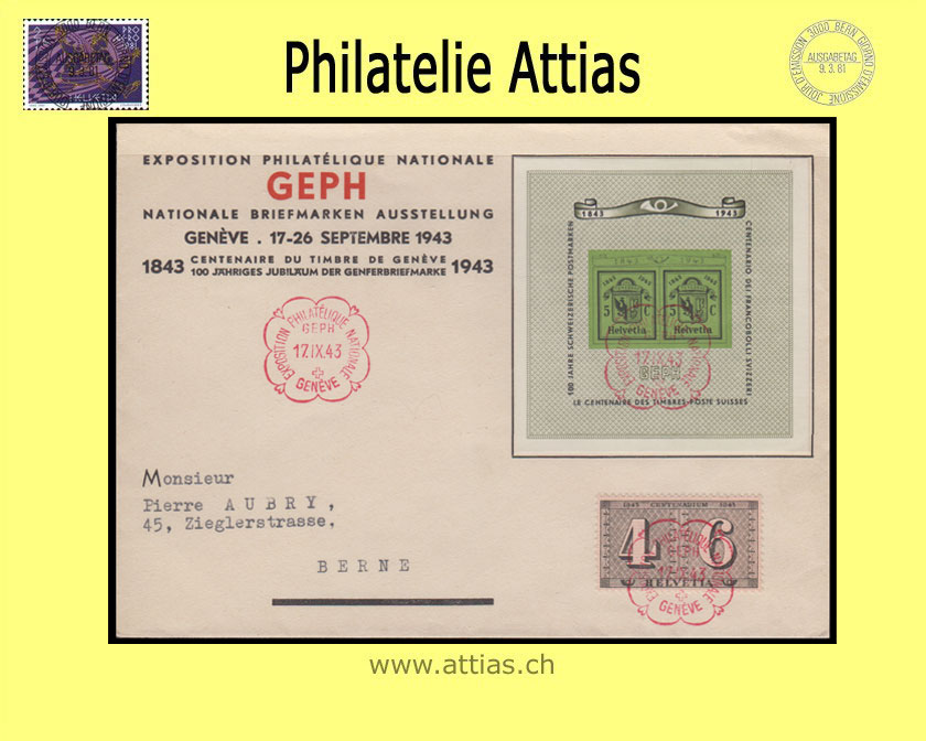 CH 1943 FDC Block GEPH ill. mit Adresse