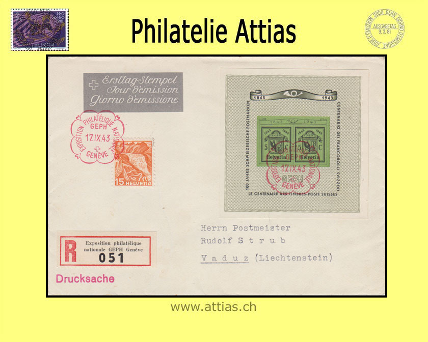 CH 1943 W18 Block GEPH Abo-FDC mit Adresse