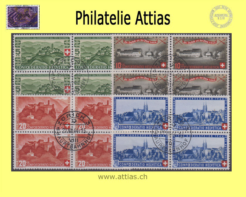 CH 1944 B22-B25 Pro Patria Satz Viererblock gestempelt 21.VII.44